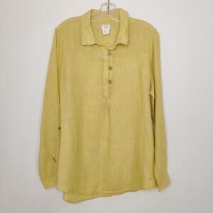 Sigrid Olsen 100% Linen Yellow Popover Tunic Shirt Roll Tab Sleeves XL